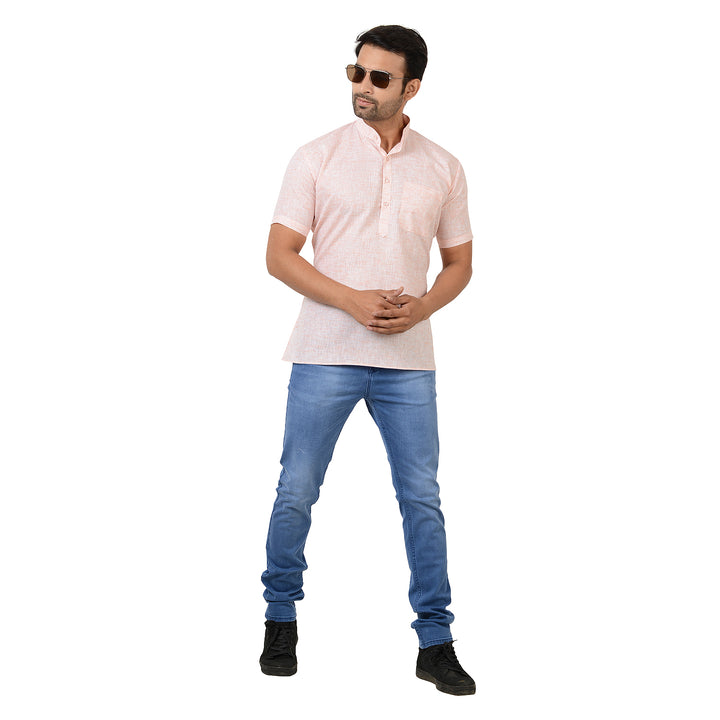 Full look of Orange Cotton Kurta paired with jeans, showcasing a modern twist on traditional summer attire.