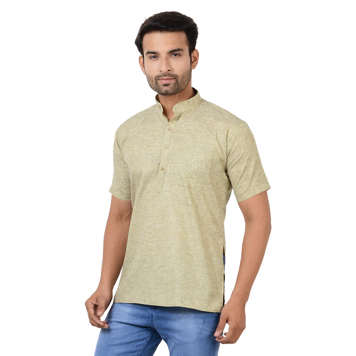 Green Handloom Cotton Kurta featuring a lightweight, breathable fabric and side slits, perfect for casual and ethnic styling.
