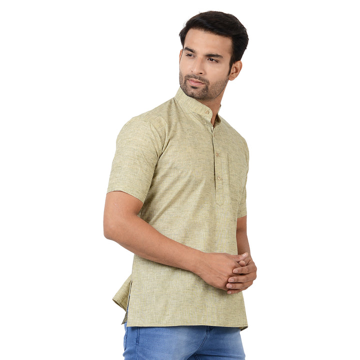 Versatile Green Cotton Kurta made from handloom fabric, designed with a half placket and short sleeves for everyday comfort.