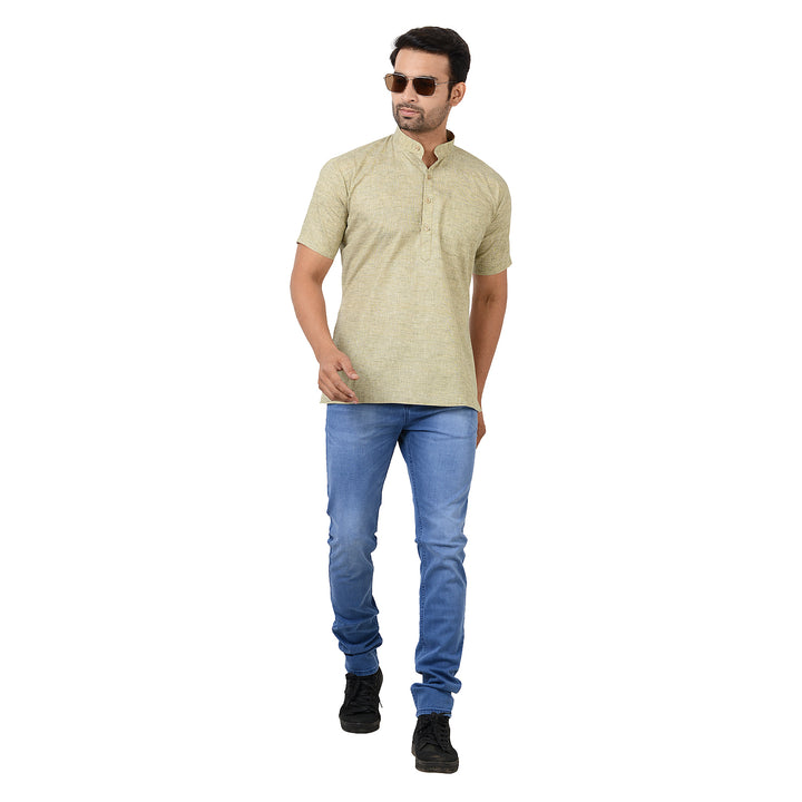 Model wearing Green Handloom Cotton Kurta paired with jeans, showcasing a modern ethnic look with lightweight comfort.