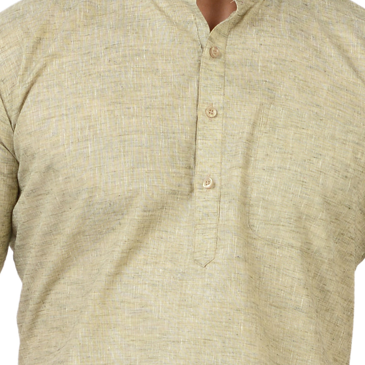 Close-up of Green Cotton Kurta fabric texture and buttons, highlighting the handloom weave and fine craftsmanship.
