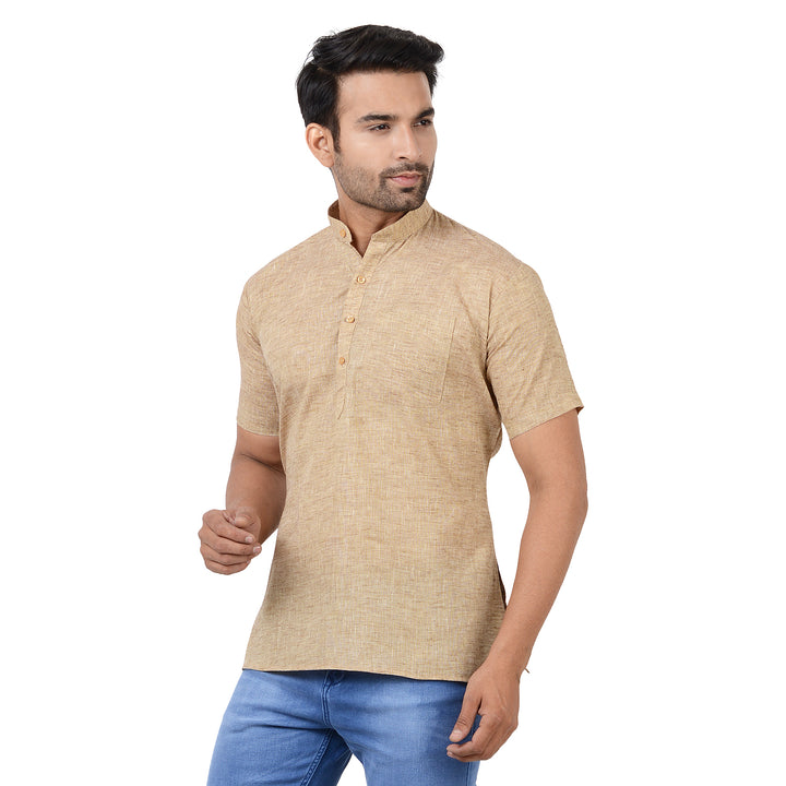 Khaki Handloom Cotton Short Kurta featuring a chest pocket and button placket, ideal for casual ethnic wear with comfortable fit.