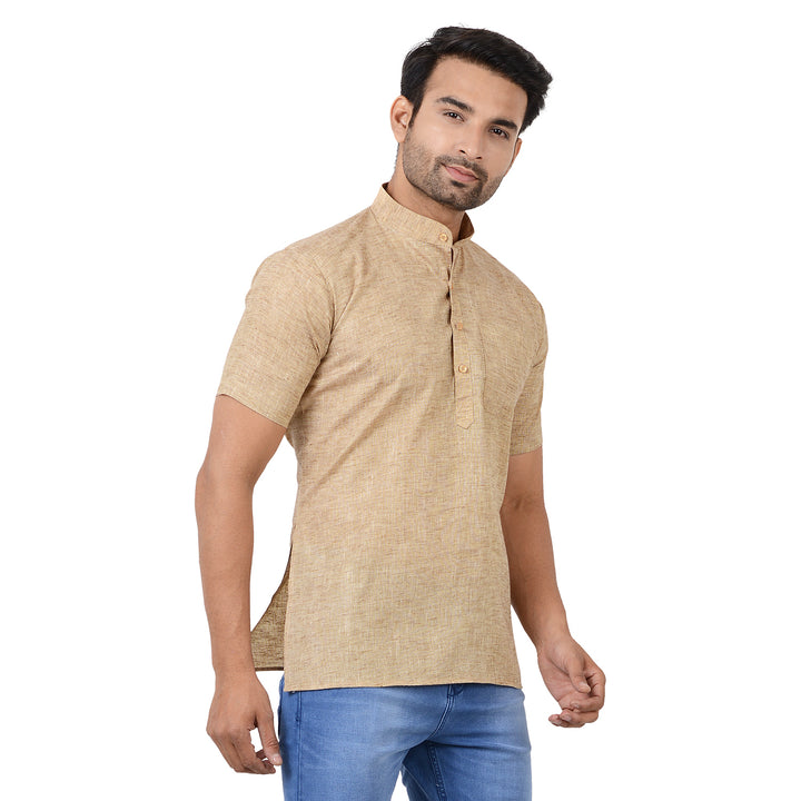 Side view of Handloom Cotton Kurta - Khaki, showcasing its straight hem and breathable fabric, perfect for summer traditional outfits.