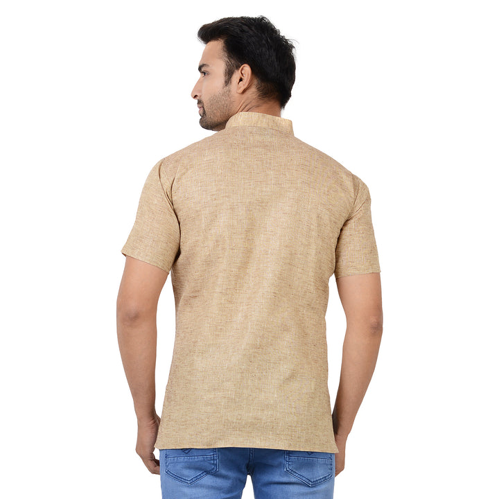 Back view of Khaki Handloom Cotton Short Kurta highlighting its clean finish and lightweight texture for everyday ethnic wear.
