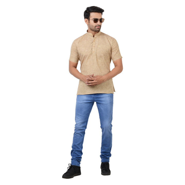 Full-length view of Handloom Cotton Kurta - Khaki paired with jeans, ideal for modern ethnic styling with breathable comfort.