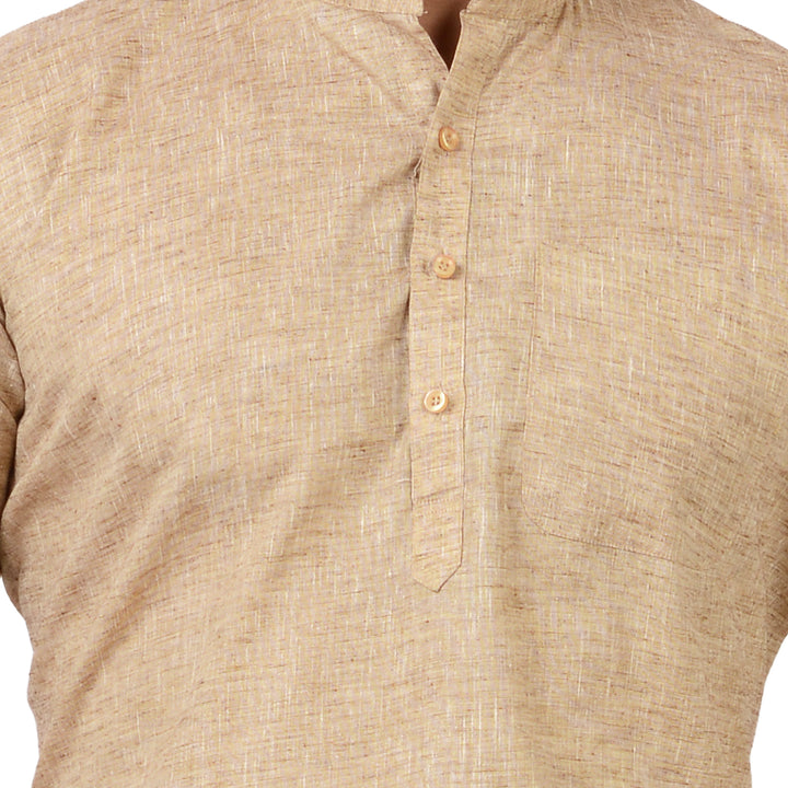 Close-up of Khaki Handloom Cotton Kurta's textured weave and button placket, emphasizing its handcrafted detail and soft cotton fabric.