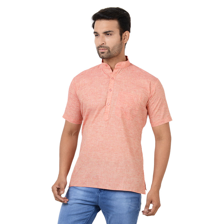 Red Handloom Cotton Short Kurta featuring a breathable fabric and side slits, perfect for casual traditional outfits and warm weather comfort.