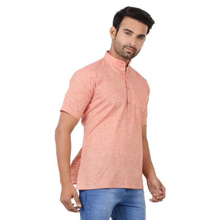 Side view of Red Handloom Cotton Short Kurta showing its tailored fit and soft texture, ideal for stylish ethnic wear in hot climates.