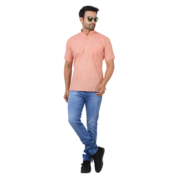 Full-body view of model in Red Handloom Cotton Short Kurta paired with jeans, showcasing a trendy Indo-western casual look.