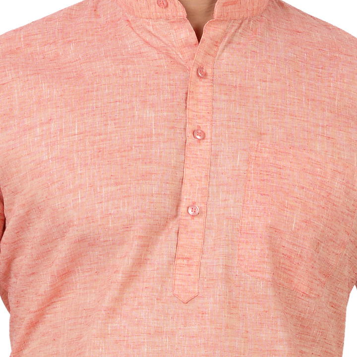 Close-up of Red Handloom Cotton Short Kurta's button placket and textured weave, emphasizing its handcrafted detail and breathable fabric.