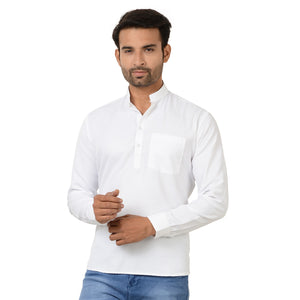 100% Pure Cotton Regular Short Kurta with Full Sleeves in White with Self Design for Men [MSHK008]