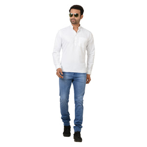 100% Pure Cotton Regular Short Kurta with Full Sleeves in White with Self Design for Men [MSHK008]