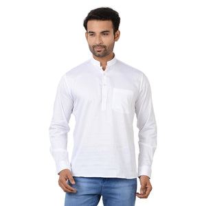 100% Pure Cotton Regular Short Kurta with Full Sleeves in White for Men [MSHK009]