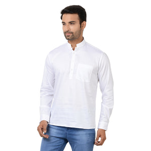 100% Pure Cotton Regular Short Kurta with Full Sleeves in White for Men [MSHK009]
