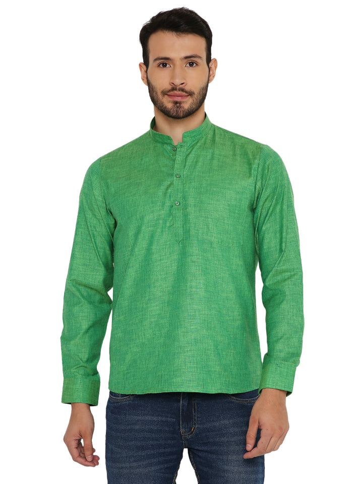 Green Linen Short Kurta by Maharaja with mandarin collar and button placket, ideal for breathable summer wear in traditional style.