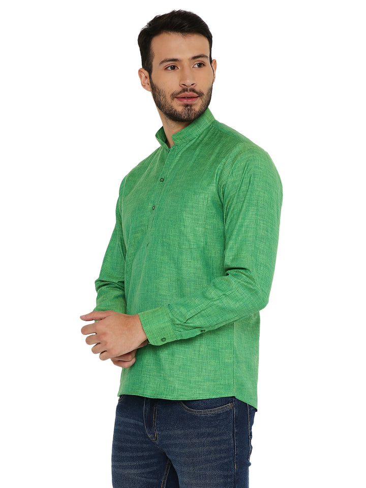 Side view of Maharaja's Green Linen Short Kurta showcasing its tailored fit and lightweight fabric for versatile traditional dressing.