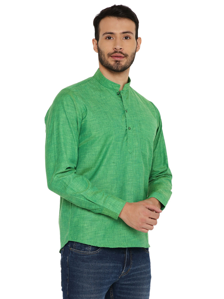 Angled front view of breathable Green Linen Short Kurta by Maharaja, featuring a relaxed fit and stylish ethnic design.