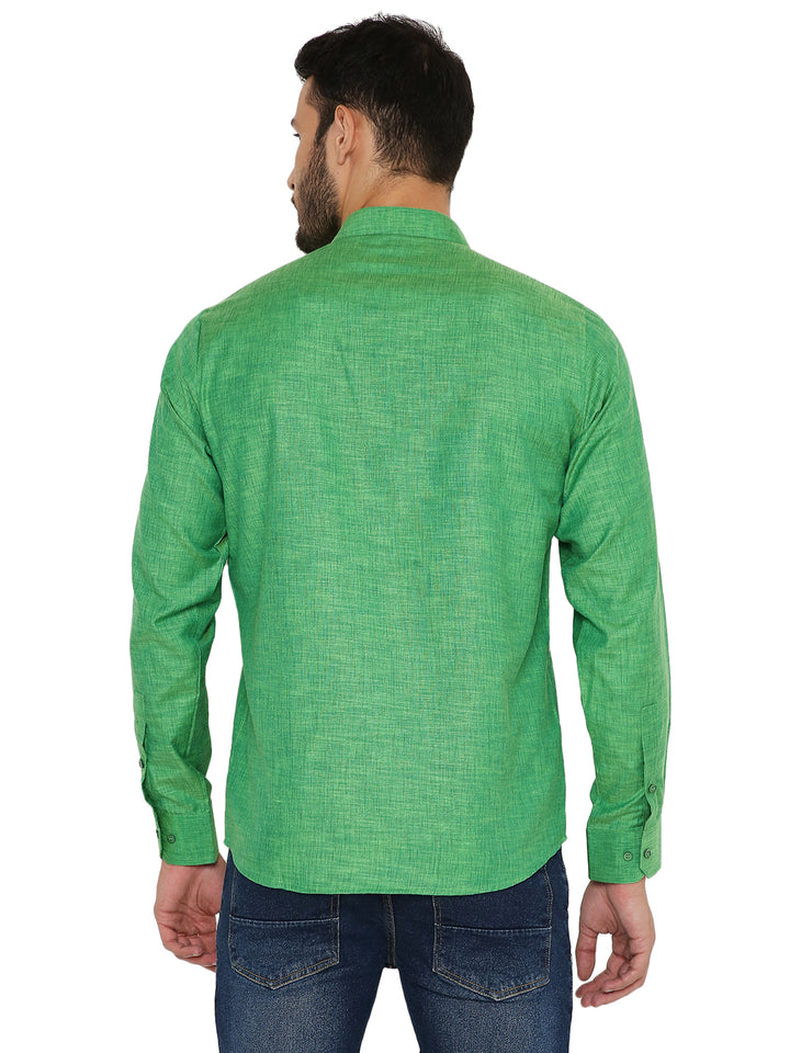 Back view of Maharaja's Green Linen Short Kurta highlighting its smooth finish and comfortable long sleeves for everyday ethnic wear.