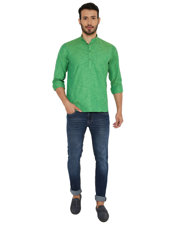 Full-body view of model wearing Maharaja's Green Linen Short Kurta paired with jeans, perfect for casual and festive occasions.