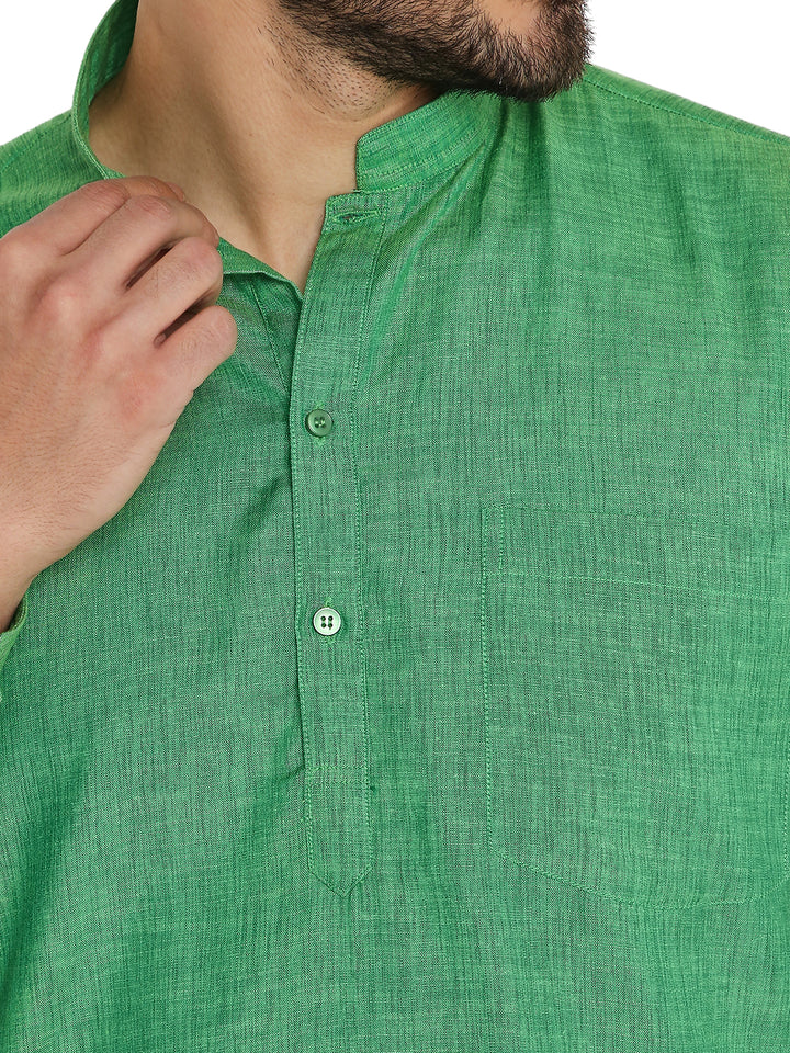 Close-up of Maharaja Green Linen Short Kurta showing fine texture, front buttons, and chest pocket for a refined ethnic look.