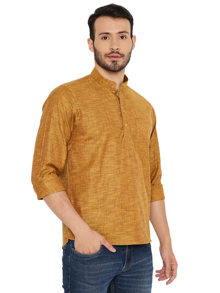 Three-quarter front view of yellow linen Maharaja style kurta, perfect for casual ethnic occasions and summer comfort.