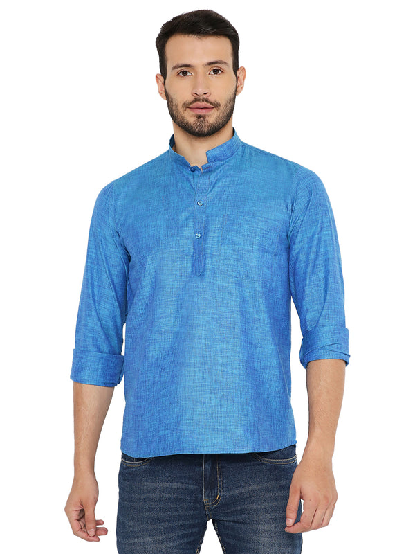 Linen Short Kurta - Blue Summer Kurta with mandarin collar and button placket, ideal for hot weather and casual traditional wear.