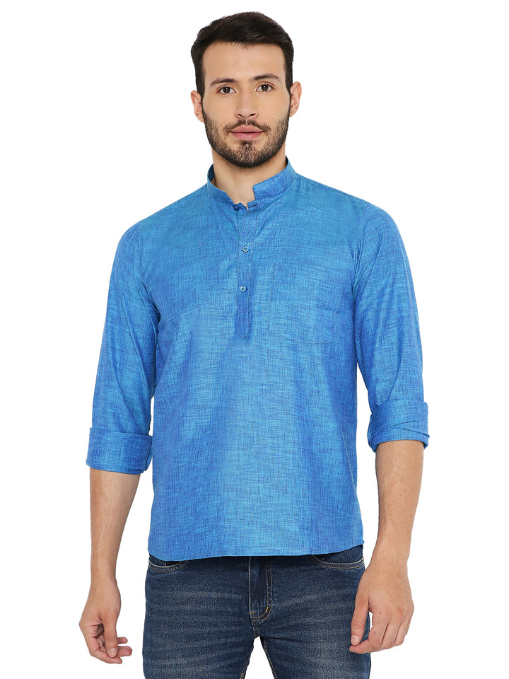 Linen Short Kurta - Blue Summer Kurta with mandarin collar and button placket, ideal for hot weather and casual traditional wear.