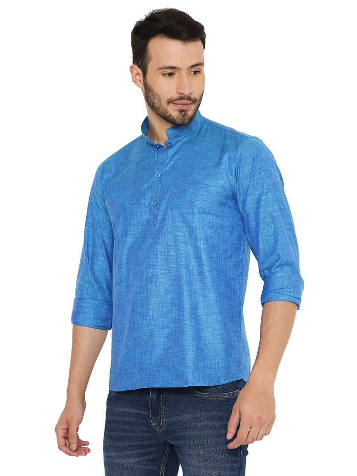 Blue Linen Short Kurta for men featuring breathable fabric and rolled-up sleeves, perfect for summer and festive occasions.