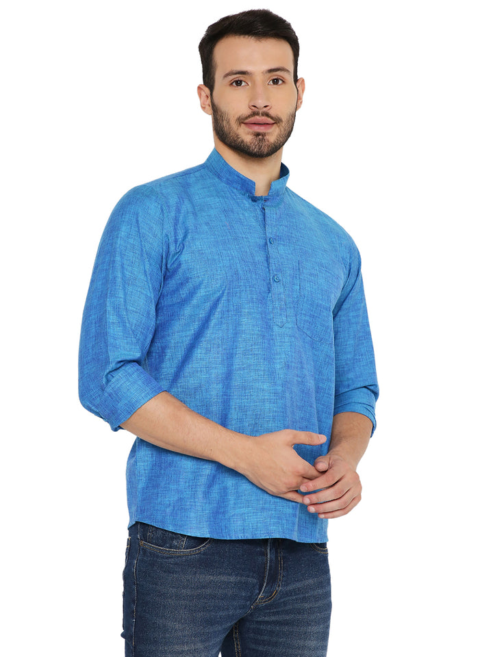 Light & breathable Blue Summer Kurta in linen with a relaxed fit and traditional collar, great for versatile styling.