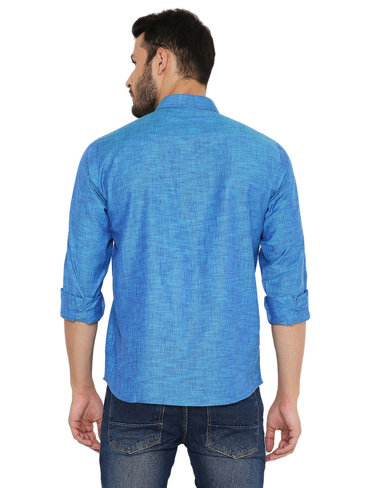 Back view of Blue Linen Short Kurta showing lightweight texture and casual fit, ideal for summer comfort and ethnic fashion.