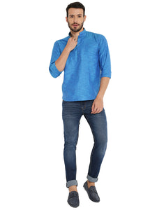 Linen Regular Short Kurta with Full Sleeves in Blue for Men [MSHK013]