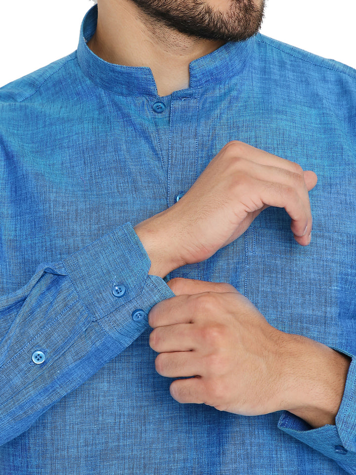 Close-up of cuff and fabric texture on Blue Linen Short Kurta, highlighting breathable weave and button detailing.