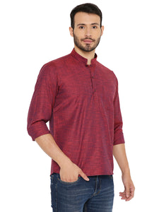 Linen Regular Short Kurta with Full Sleeves in Maroon for Men [MSHK014]