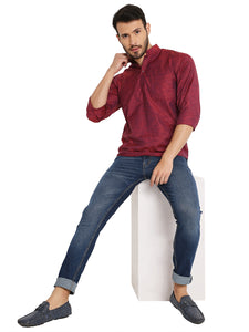 Linen Regular Short Kurta with Full Sleeves in Maroon for Men [MSHK014]