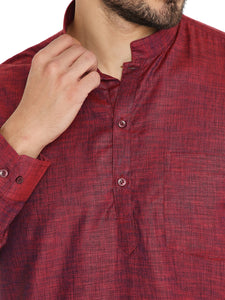 Linen Regular Short Kurta with Full Sleeves in Maroon for Men [MSHK014]