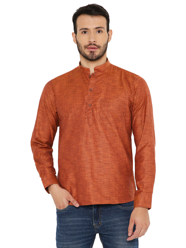 Linen Kurta Orange - Summer Comfort | Lightweight Fit, front view of men's short kurta with mandarin collar and button placket.