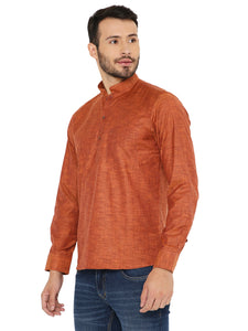 Linen Regular Short Kurta with Full Sleeves in Orange for Men [MSHK015]