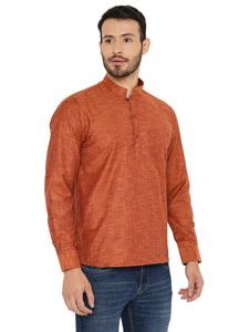 Linen Regular Short Kurta with Full Sleeves in Orange for Men [MSHK015]