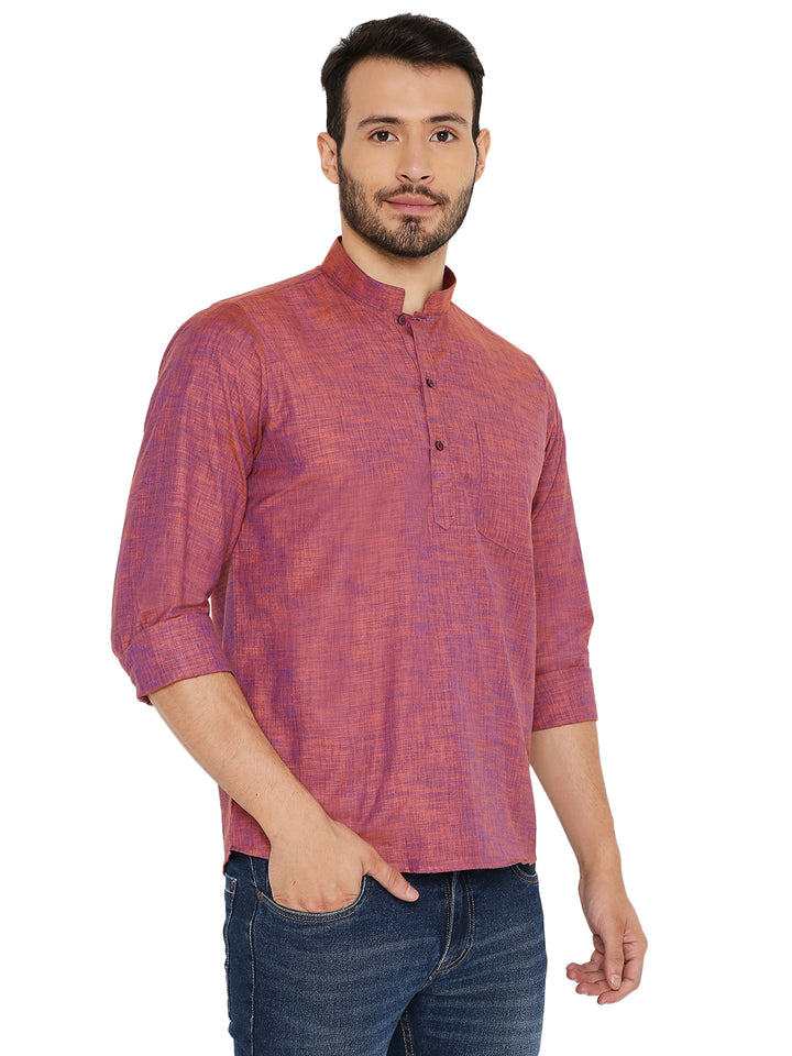 Pink Linen Short Kurta by Maharaja Classic with rolled sleeves, designed for comfort and style in warm weather traditional wear.