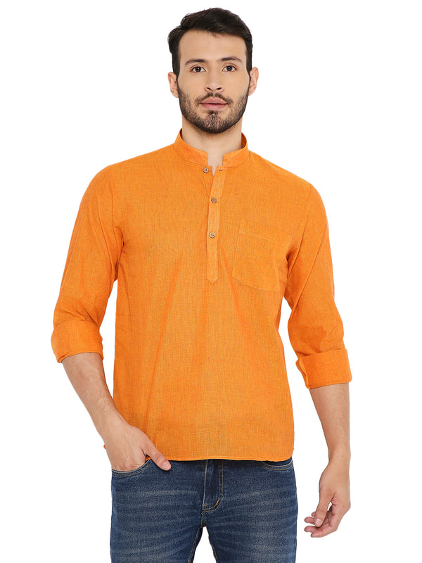 Handloom Kurta - Cotton Orange with mandarin collar and front buttons, ideal lightweight summer wear for men in traditional style.