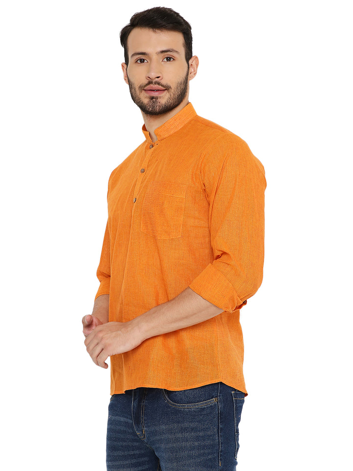 Side view of Handloom Cotton Short Kurta in vibrant orange, featuring rolled-up sleeves and chest pocket for casual ethnic look.