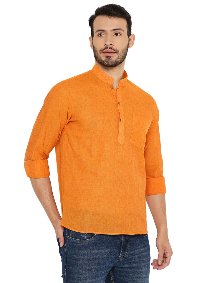 Front angled view of lightweight orange Handloom Kurta for men, perfect for summer comfort and traditional fashion.