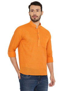 Handloom Cotton Regular Short Kurta with Full Sleeves in Orange for Men [MSHK017]