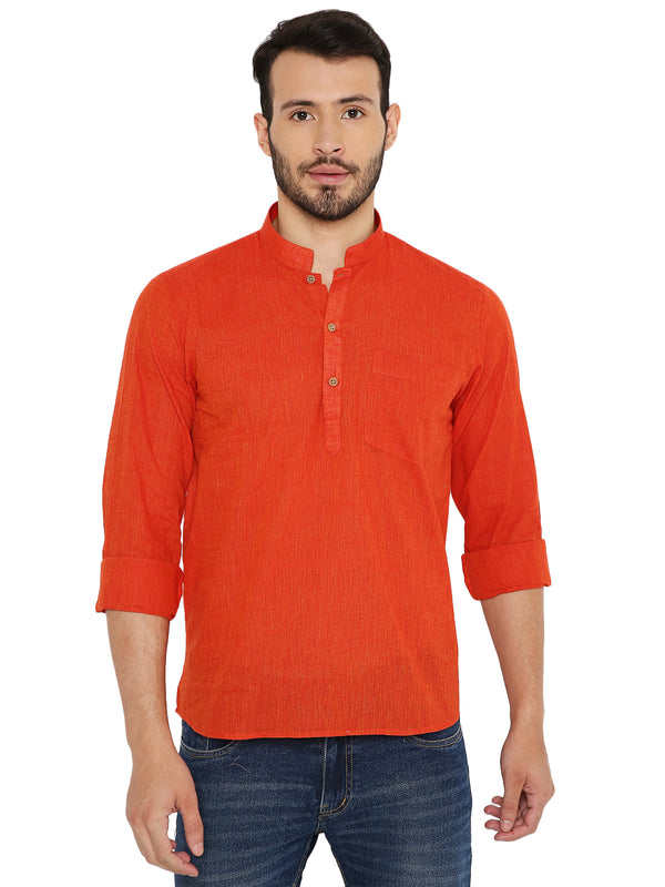 Handloom Kurta - Red Cotton Short with breathable fit, featuring mandarin collar and button placket, ideal for summer traditional wear.