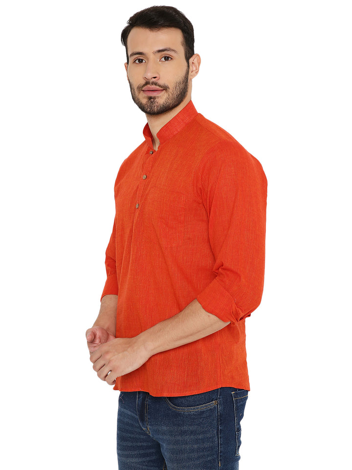 Side view of Red Cotton Short Handloom Kurta showcasing its tailored fit and rolled-up sleeves, perfect for casual ethnic styling.