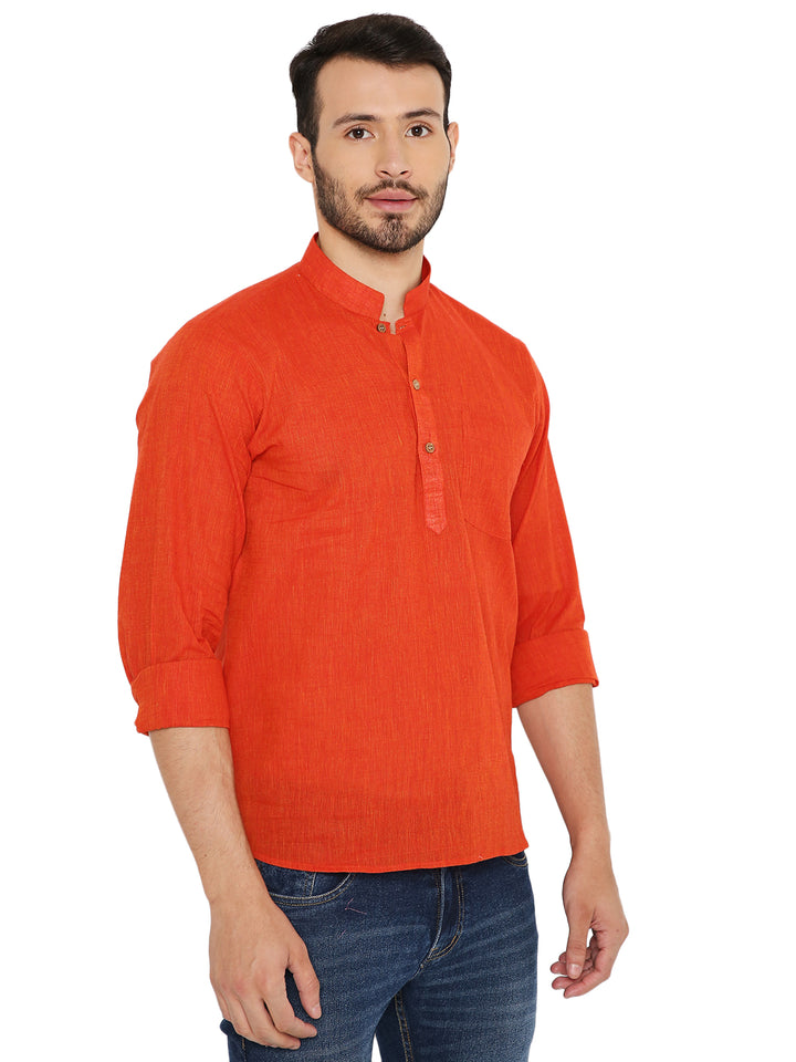 Red Handloom Cotton Short Kurta with vibrant color and half-button front, designed for comfort and festive occasions.