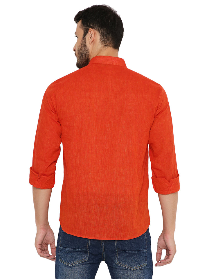 Back view of breathable Red Cotton Short Kurta made from handloom fabric, highlighting its clean finish and relaxed fit.