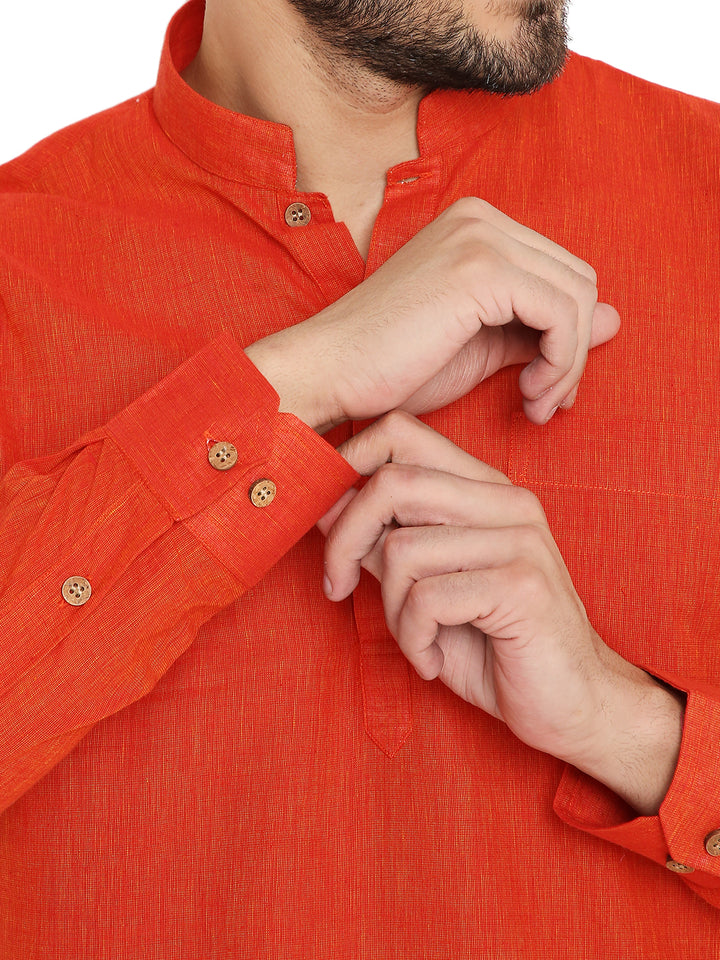 Close-up of Red Cotton Short Kurta's wooden buttons and cuff detailing, emphasizing craftsmanship and breathable handloom texture.
