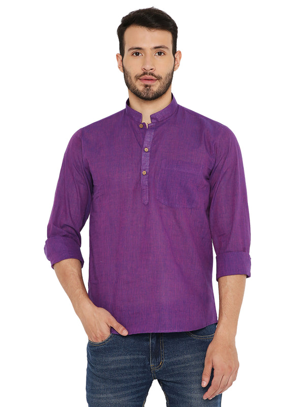 Purple handloom cotton short kurta with mandarin collar and wooden buttons, ideal for casual summer wear.