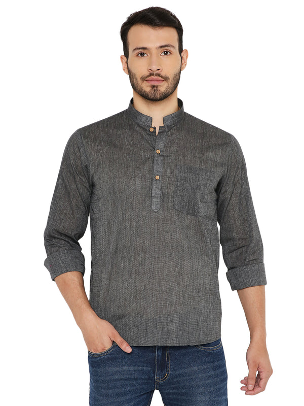 Black Cotton Kurta - Comfortable Fit | Lightweight, Breathable handloom short kurta with mandarin collar and wooden buttons, ideal for casual wear.